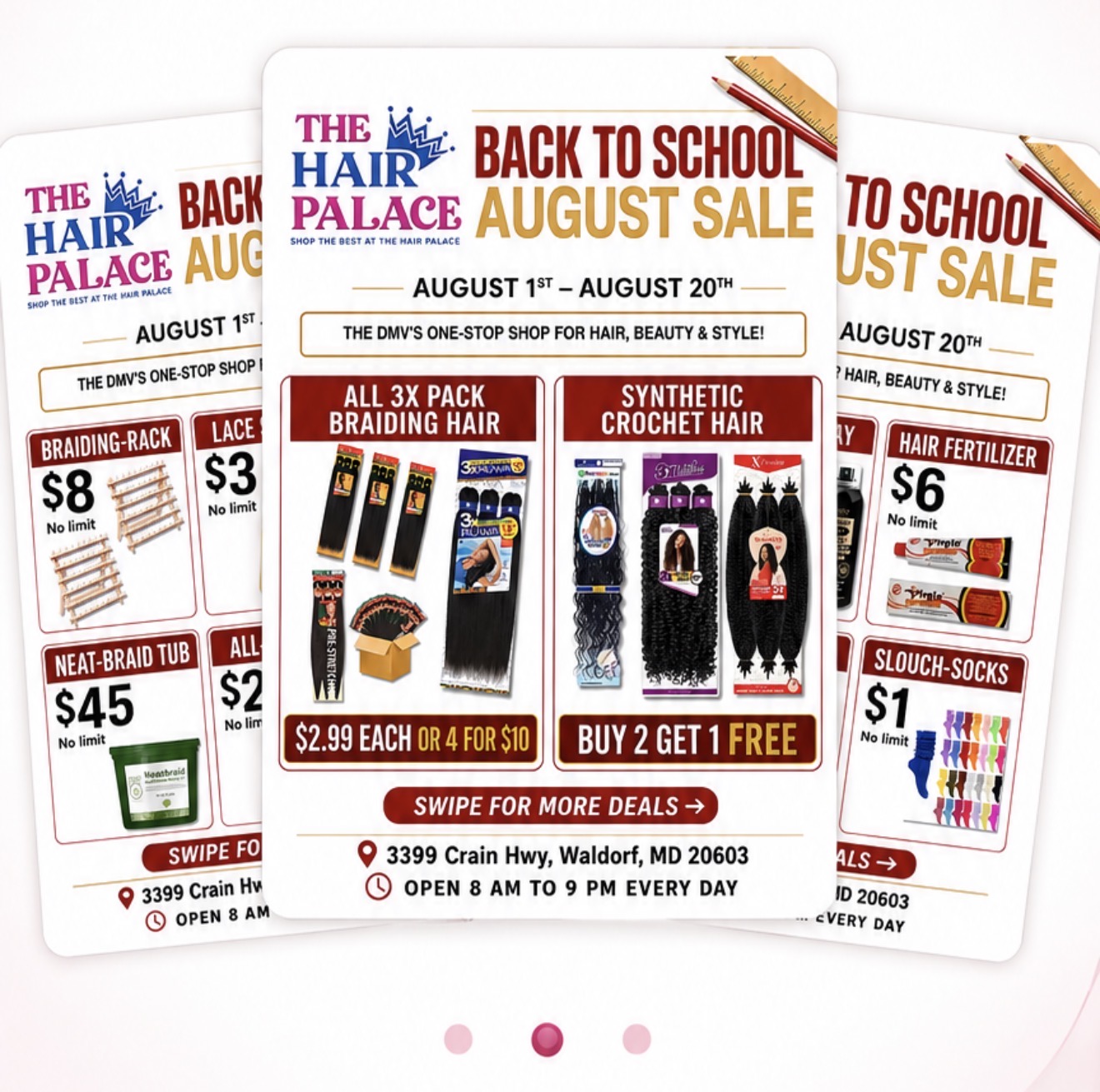 Back to School August Sale — three promotional flyers with hair, beauty and style deals