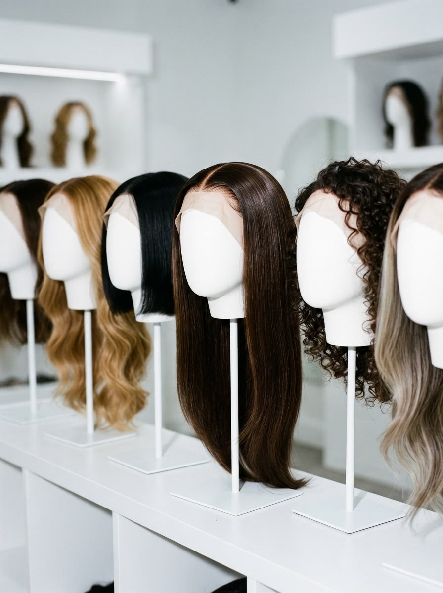 Row of luxury human hair wigs on white display stands in straight, wavy, curly and colored textures