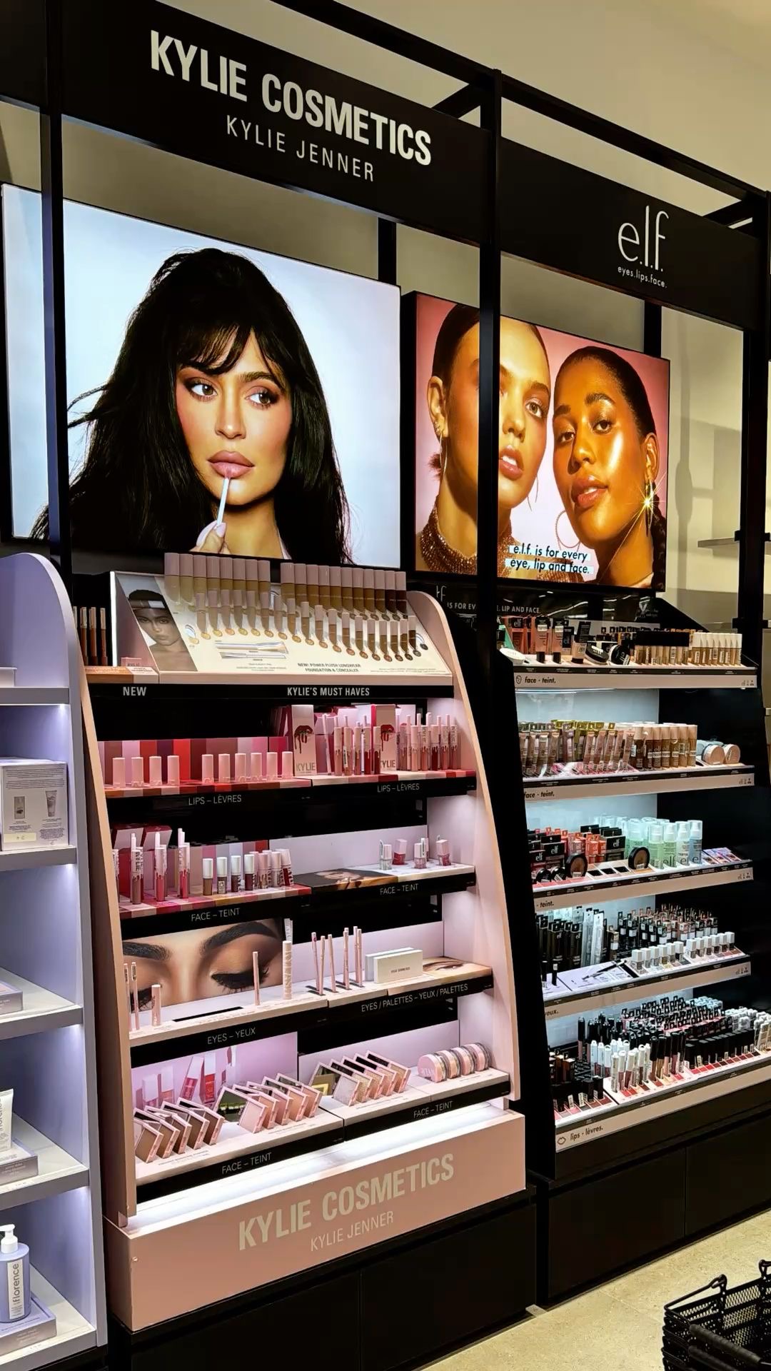 Cosmetics display with makeup brands in store