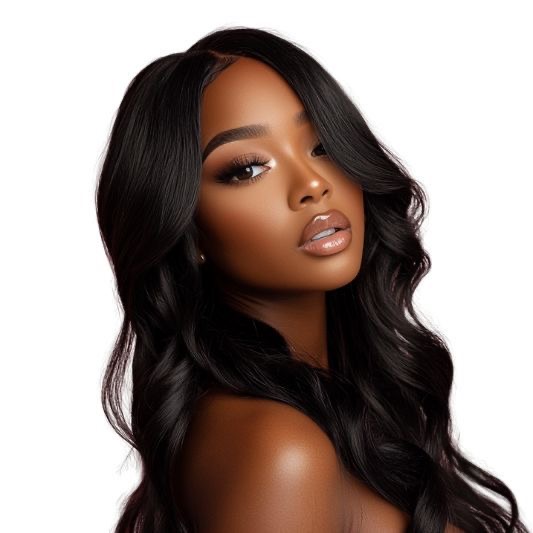 Elegant model wearing a body wave human hair lace wig